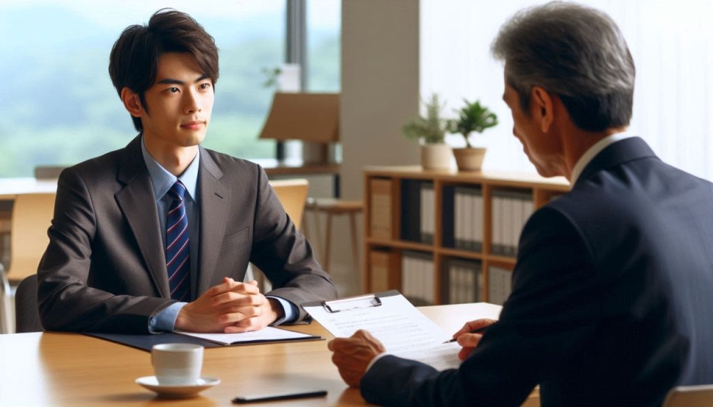 IT関連企業の会議室で、スーツをきた50代の日本人男性の面接官から、中途採用に関わる就職の面接を受けているスーツをきた日本人の20代男性フリーター
