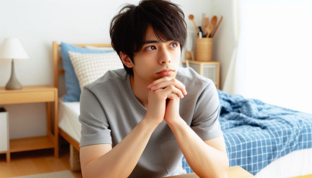 どんな仕事に就きたいかを考えている20代の日本人男性、自宅の自分の部屋