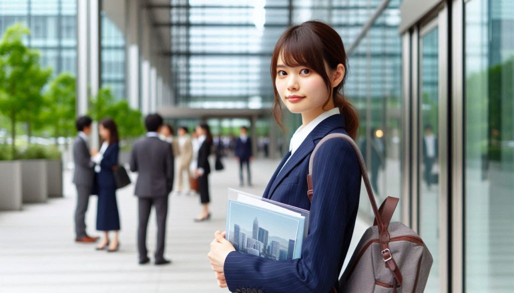 就職活動をしている22才のリクルートスーツをきた日本人女性、大企業のオフィスビルの入り口