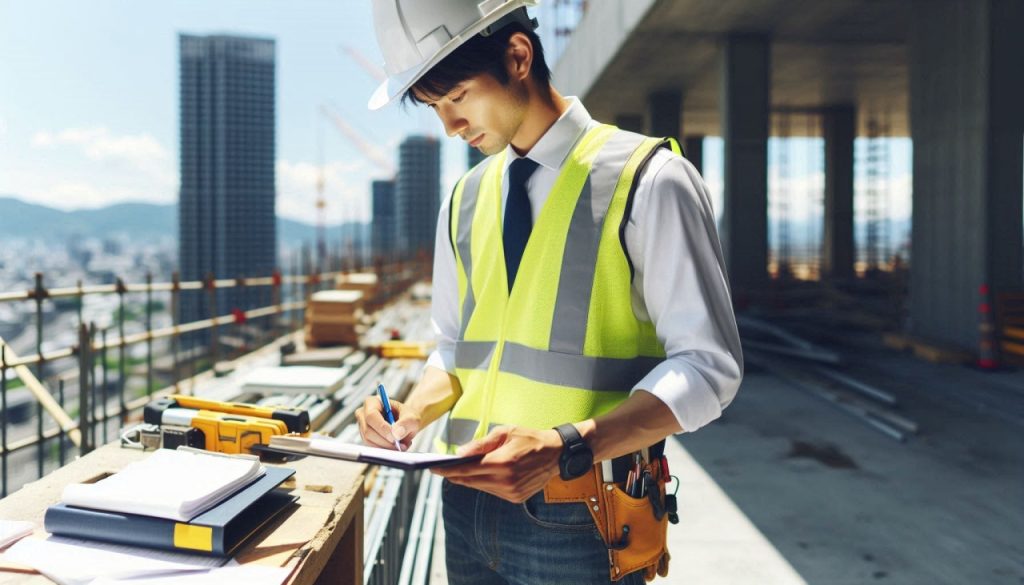 Highest image quality, construction management engineer in work clothes working at a large building construction site, Japanese, male, 20s.