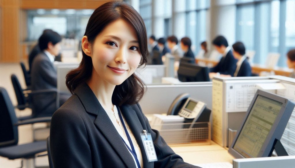 Highest quality image, Japanese woman in her 40s, working at city hall, clerical position, currently serving at the city hall counter