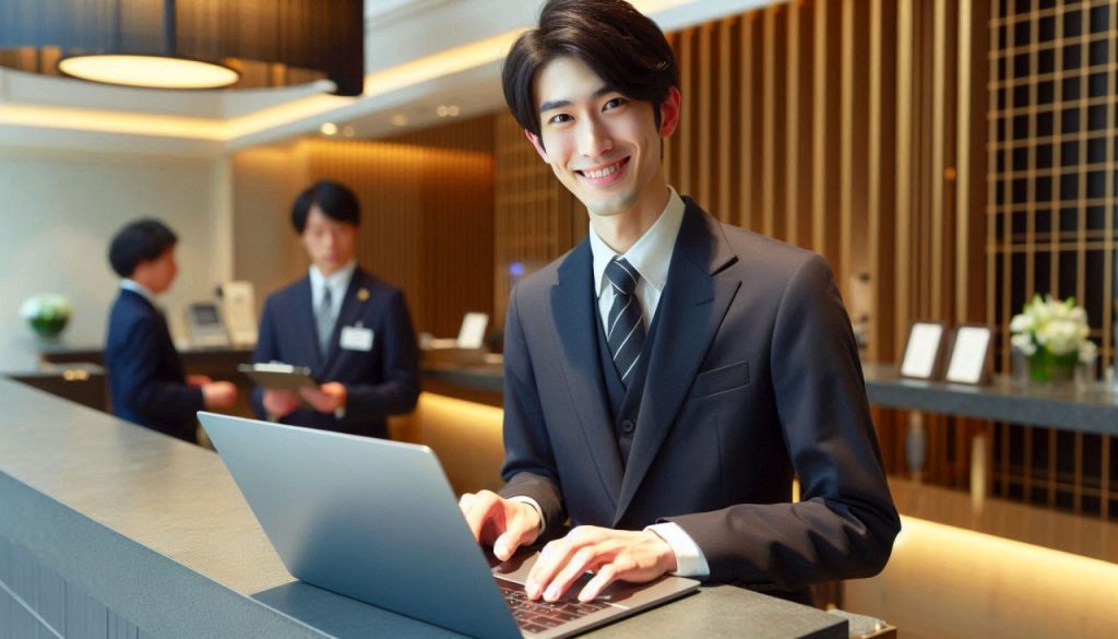 Working in a 5 star hotel, hotel receptionist, top of the line, Japanese male, 20s