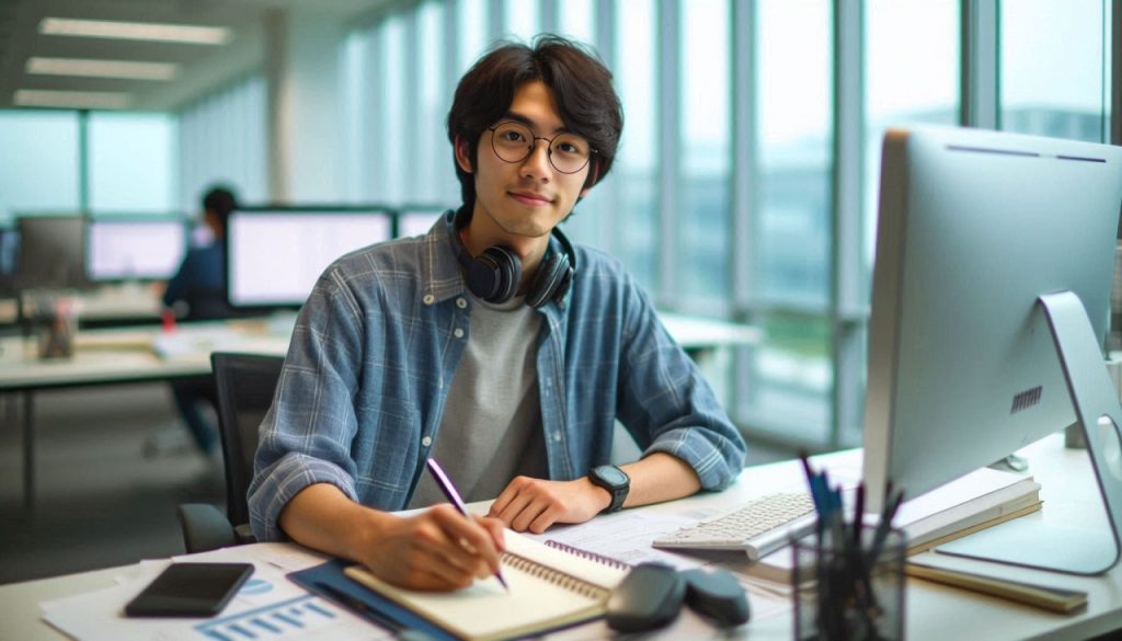 オタク気質がある20代日本人男性のITエンジニアがオフィスで仕事をしている