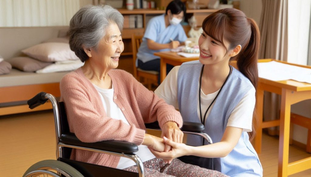 介護職の20代日本人女性が、車いすの70歳女性を老人ホームで介護している