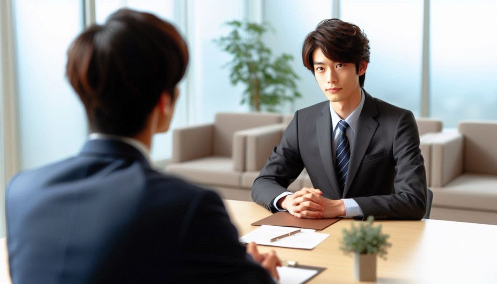会議室で向かい合わせで商談をしているスーツをきた営業職の20代日本人男性