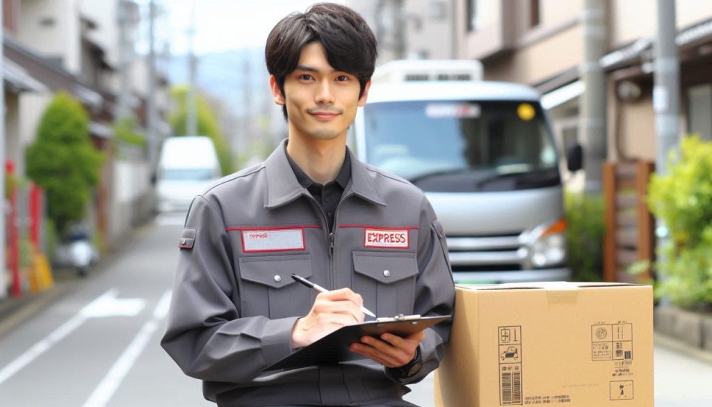 佐川急便のような制服をきた20代の日本人男性が配送の仕事をしている
