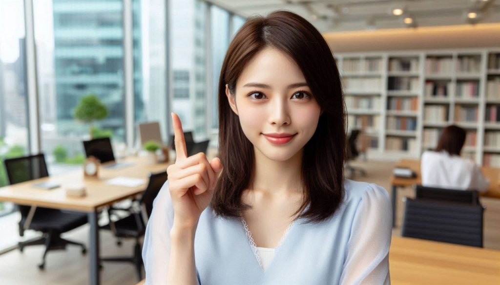 何かに気付いた感じでぱっと人差し指を上に向けている20代の日本人女性、企業のオフィス3