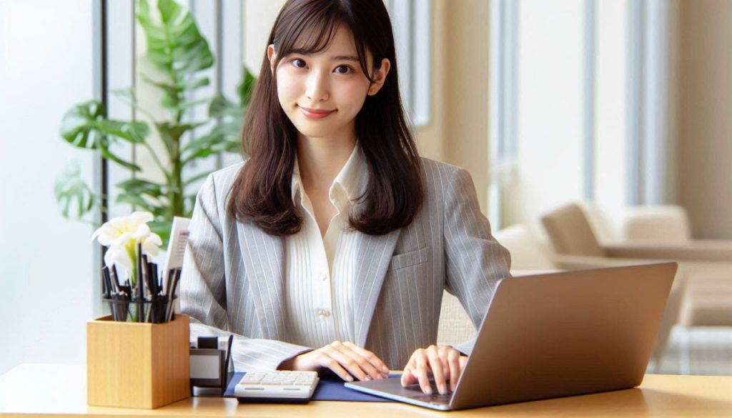 大手企業オフィスの受付担当の20代日本人女性が座って業務を行っている