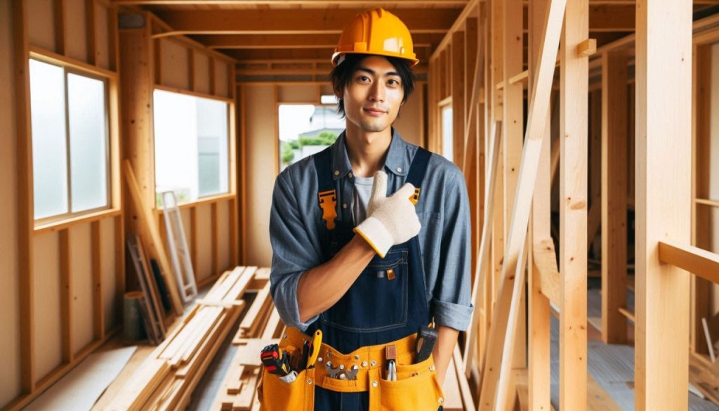 家を建てている作業着をきた20代日本人男性の大工