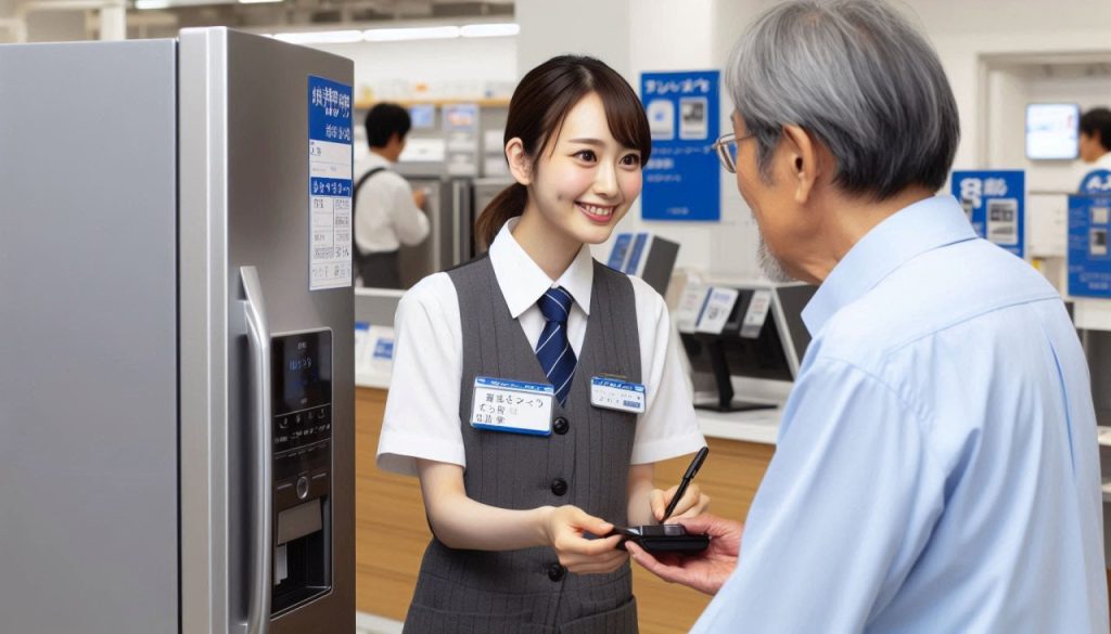家電量販店で販売員として50代の男性を冷蔵庫の前で接客するケーズデンキのような制服を着た20代日本人女性