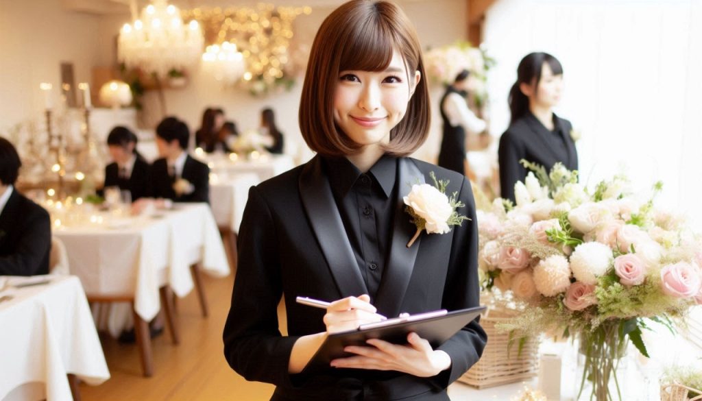 結婚式でウェディングプランナーとして仕事をしている黒い制服を着た20代日本人女性