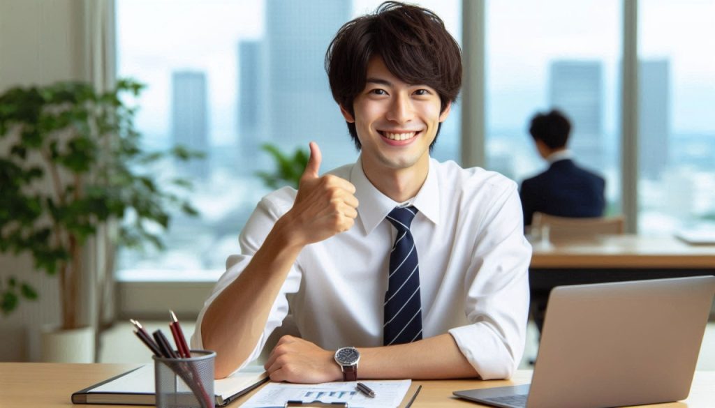 やる気がみなぎっている20代の日本人男性サラリーマン、オフィス