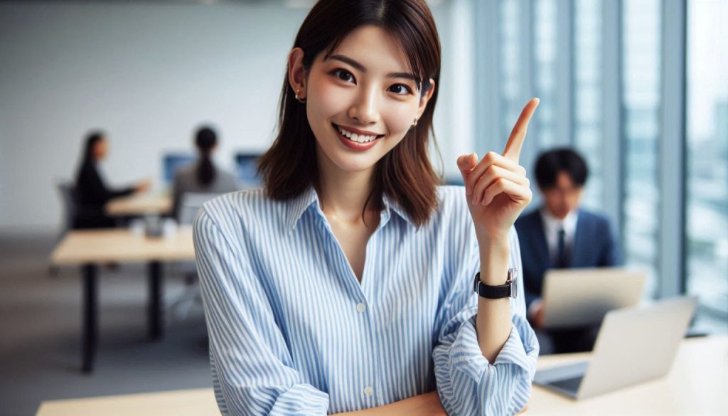 何かに気付いた感じでぱっと人差し指を上に向けている20代の日本人女性、企業のオフィス