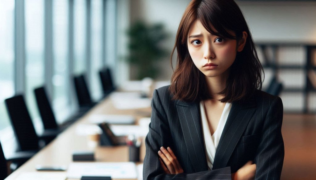 腕を組んで困った感じの顔をしている20代の日本人女性、企業のオフィス