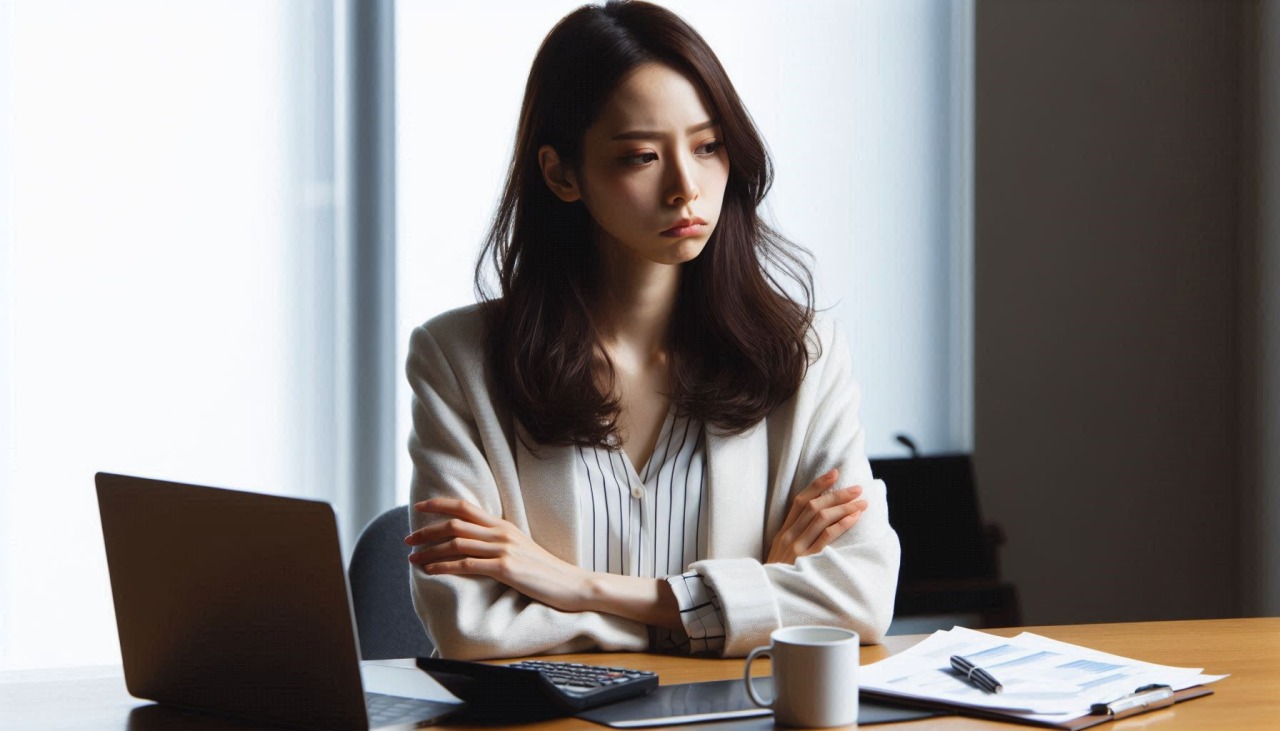腕を組んで困った感じの顔をしている20代の日本人女性、企業のオフィス2